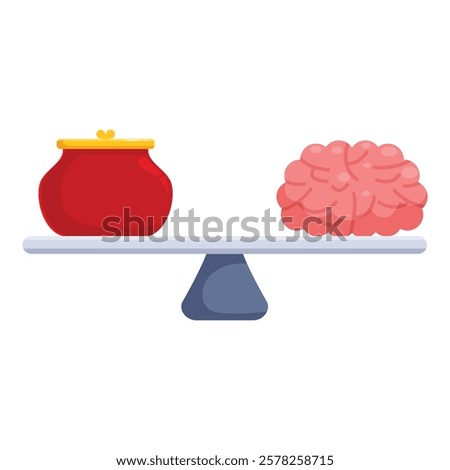 Balance scale comparing weight of red wallet and human brain representing rational spending and financial decision
