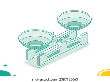 Balance Scale with Double Pans. Isometric Laboratory Mechanical Scales. Vector Illustration. Scales with Bowls. 3D Object Isolated on White.