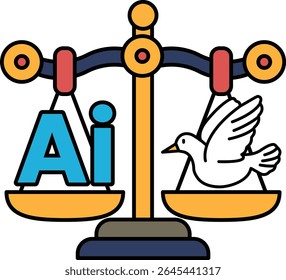 Uma balança com uma pomba de um lado e as letras AI do outro. A pomba representa a paz e as letras AI representam a inteligência artificial