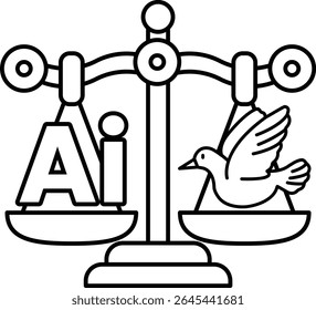 Uma balança com uma pomba de um lado e as letras AI do outro. A pomba representa a paz e as letras AI representam a inteligência artificial