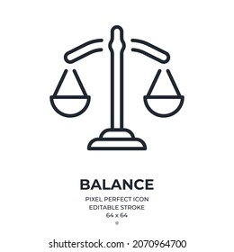 Balance scale editable stroke outline icon isolated on white background flat vector illustration. Pixel perfect. 64 x 64.