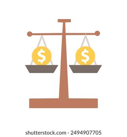 Balanza de equilibrio con moneda igual al dólar. Inversión empresarial, financiera, comparación de divisas, medición de dinero, éxito, banca, beneficio, concepto de riqueza. Ilustración de diseño aislado de Vector plano.