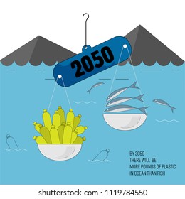 Balance scale as a gimmick to inform situation of ocean plastic pollution in 2050. More plastic in ocean than fish concept. Vector illustration.