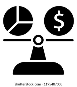 Balance scale having dollar symbol and pie graph showing price comparison 