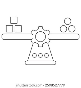 Balance scale icon with cubes and circles, and a gear in the center, symbolizing decision-making, automation, and optimization in technology and industry. Vector pictogram. Line thickness is editable