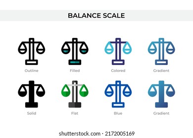 Icono de Escala de balance con un estilo diferente. Iconos vectoriales de balanza diseñados en contorno, sólido, colorido, relleno, gradiente y estilo plano. Símbolo, ilustración del logotipo. Ilustración del vector