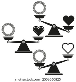 Balance scale icon. Heart and circle symbol. Decision-making vector. Black and white design.