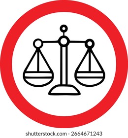 Icono de la escala de balance dentro del círculo rojo de advertencia, que simboliza la ley, la justicia, la igualdad, la equidad y las regulaciones legales para los tribunales, los servicios legales y los proyectos de diseño de cumplimiento.