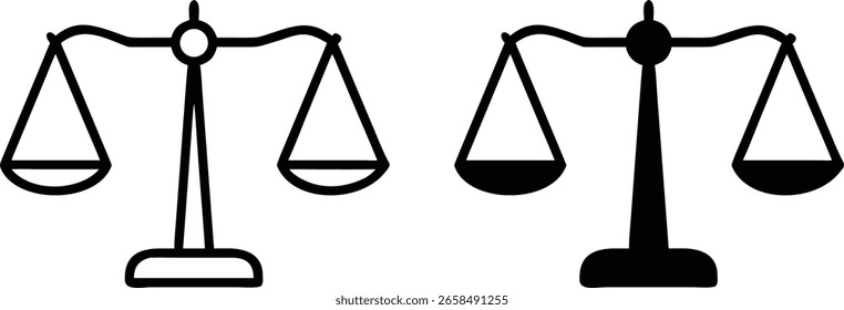Conjunto de iconos de escala de equilibrio: símbolo de justicia en blanco y negro para conceptos de ley, igualdad y equidad