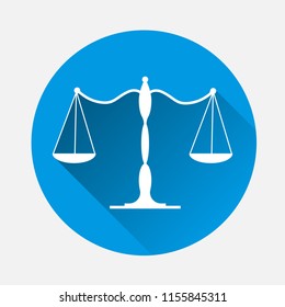 Balance scale icon. Vector illustration on blue background. Flat image scales with long shadow. Layers grouped for easy editing illustration. For your design.