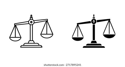 Balance scale icons, outline and solid, symbolizing justice, law, and measurement, isolated on