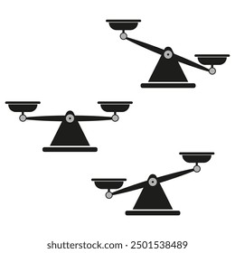 Balance scale icons. Weighing scales set. Black and white. Vector illustration.