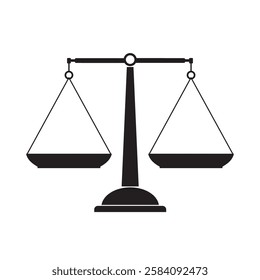 Balance scale or libra black icon. Justice scales icon. Vintage scale in balance. Risk evaluation symbol, design isolated on white background. flat vector illustration