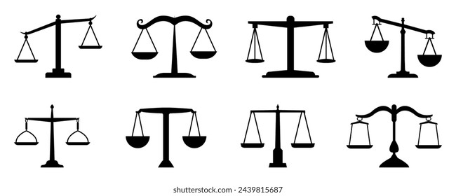 Balance scale or libra icon collection in black. Justice scales icons. Vintage scale in balance. Justice scales icon or risk evaluation symbol
