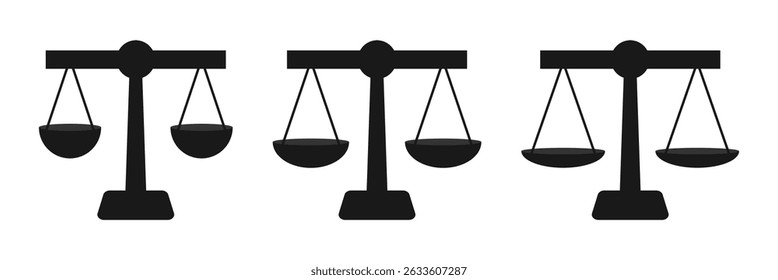 Balancear a coleção de ícones de escala ou de libra em preto. A Justiça dimensiona ícones. Escala vintage em equilíbrio. Ícone de escala de justiça ou símbolo de avaliação de risco