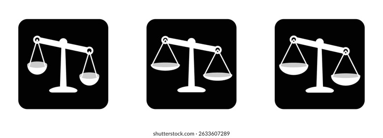 Balance scale or libra icon collection in black. Justice scales icons. Vintage scale in balance. Justice scales icon or risk evaluation symbol