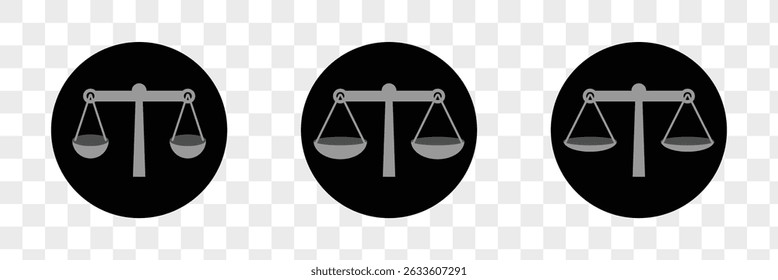 Balance scale or libra icon collection in black. Justice scales icons. Vintage scale in balance. Justice scales icon or risk evaluation symbol