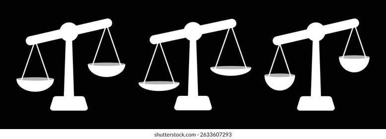 Balance scale or libra icon collection in black. Justice scales icons. Vintage scale in balance. Justice scales icon or risk evaluation symbol