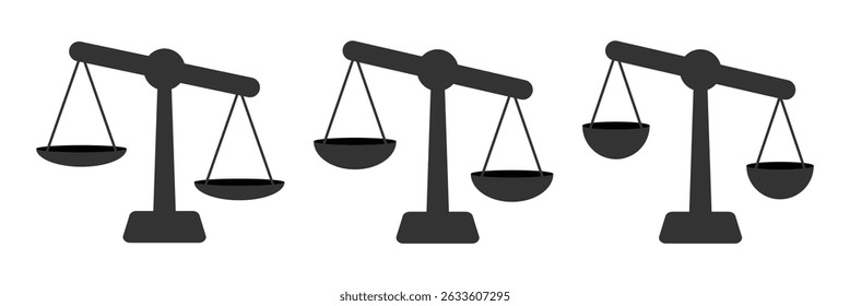 Balance scale or libra icon collection in black. Justice scales icons. Vintage scale in balance. Justice scales icon or risk evaluation symbol