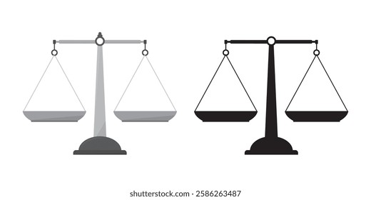 Balance scale or libra sign and black icon. Justice scales icon. Vintage scale in balance. Risk evaluation symbol, design isolated on white background. flat vector illustration