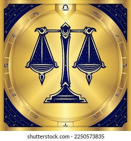 Balance, Scale Libra Zodiac Sign, Classic Luxury Golden Greek Meander, Stellar Star Sign, Horoscope Astrology Fortune-Telling and Future Prediction, Element Badge Icon Vector Design Illustration.