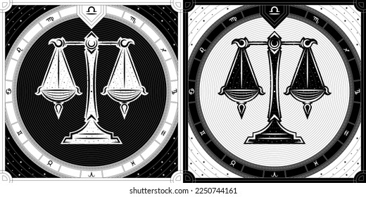 Balance, Scale Libra Zodiac Sign, Classic Greek Meander Black-White Silhouette, Stellar Star Sign, Horoscope Astrology Fortune-Telling and Future Prediction, Badge Icon Vector Design Illustration.