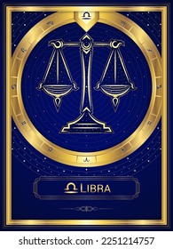 Balance, Scale Libra Zodiac Sign and Symbol, Classic Luxury Circular Golden Greek Meander Fortune Card, Stellar Star Sign, Horoscope Astrology Fortune-Telling and Future Prediction.