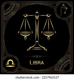 Balance, Scale Libra Zodiac Sign, Symbol, Stellar Star Constellation, Horoscope and Astrology, Fortune-Telling Square Badge Icon Vector Illustration