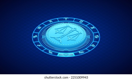Balance, Scale Libra Zodiac Symbol, Wheel of Twelve-Sign, Neon Glow Isometric Bas-Relief Sculpture, Horoscope and Astrology Element for Fortune-Telling, Lattice Grid Backdrop Background.