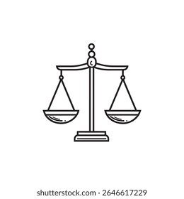 The balance scale line design shows legal impartiality, justice, and fairness. The black outlines are bold against the transparent background, signifying equilibrium and fairness.