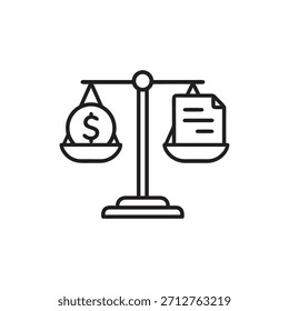 Balancear la escala con el dinero y la línea de documento de contrato icono de negocio y finanzas Acuerdo legal de comparación de costo y valor Vector en blanco y negro