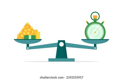 Balance scale. Money and time equity. Work price. Clock compare with dollars. Financial equilibrium comparison. Golden coins heap and timepiece. Costs measurement. Vector business icon