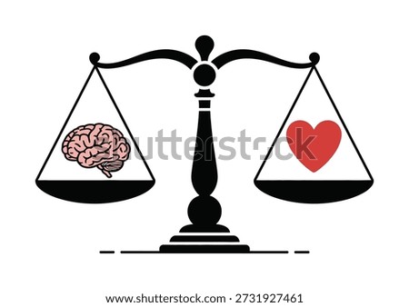A balance scale with a pink brain the left pan and a red heart the right pan, symbolizing the balance between logic and emotion.