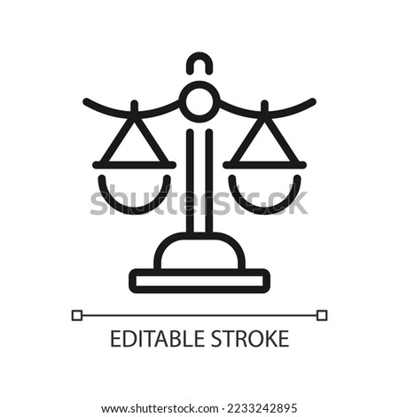 Balance scale pixel perfect linear icon. Western zodiac sign. Libra in astrology. Justice measure. Thin line illustration. Contour symbol. Vector outline drawing. Editable stroke. Arial font used