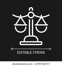 Balance scale pixel perfect white linear icon for dark theme. Zodiac sign. Libra in astrology. Weighing device. Thin line illustration. Isolated symbol for night mode. Editable stroke. Arial font used