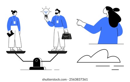Balance scale with professionals, a man holding a lightbulb, a pointing person, and a cloud. Ideal for teamwork, balance, gender equality, innovation, and business strategy. Modern, minimalistic