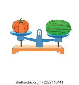 balance Scale pumpkin, and Water melon. scales in balance, an imbalance of scales. vector illustration. on white background. scale clipart