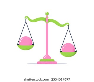 The balance scale with saucers. Weight measurement. Flat vector illustration isolated on a white background.