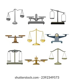 balance scale set cartoon. compare stability, justice judge, legal court balance scale sign. isolated symbol vector illustration