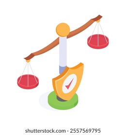 A balance scale with a shield symbolizing fairness and security