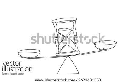 Balance scale shows hourglass with two bowls. Scales symbolize time balance and decision. Useful illustration for finance legal or life coaching blogs. Line art minimalist style with white background