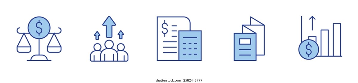 balance scale, team, calculator, brochure, statistics. Icon vector illustration. Line Duotone style. Editable stroke.
