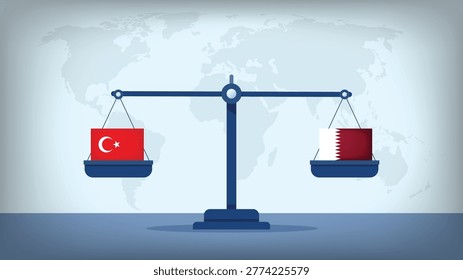 Balance Scale with Turkey vs Qatar Flags , International Relations and Global Trade Concept Vector