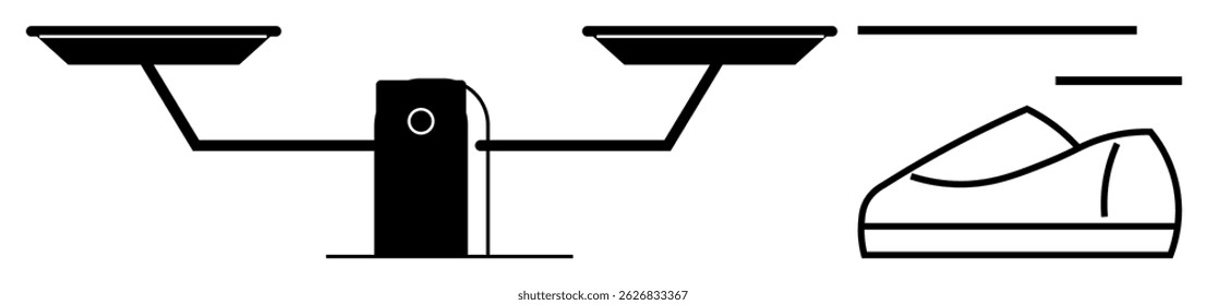 Balance scale with two pans and shoe outline illustrates decision-making, equality, and comparison. Ideal for law, justice, choices, fairness, analysis, and judgment themes. Line metaphor