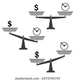 Balance scale vector. Time and money symbols. Comparative concept icons. Simple graphic design.