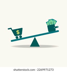 Balance scale with wallet, money and shopping cart. Income and expenses are greater expenses concept