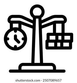 La balanza está pesando un reloj contra una pila de dinero, simbolizando el equilibrio entre tiempo y riqueza