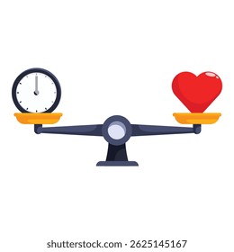 Balanza balanceando un reloj y un corazón, simbolizando el equilibrio entre el trabajo y la vida personal