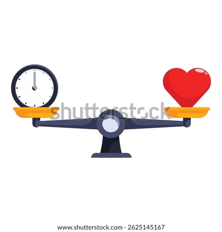Balance scale weighing a clock and a heart, symbolizing the balance between work and personal life
