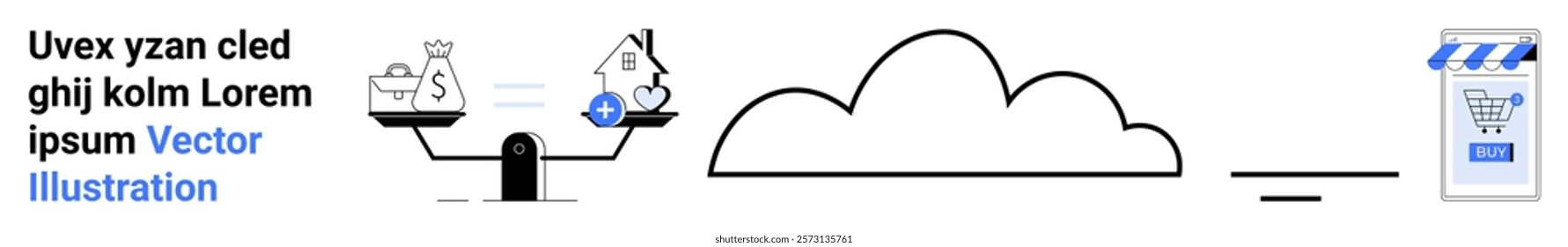 A balance scale weighing money bag and house against a shopping cart, cloud, and automation symbol. Ideal for finance, e-commerce, automation, cloud computing, and online shopping. Banner for landing